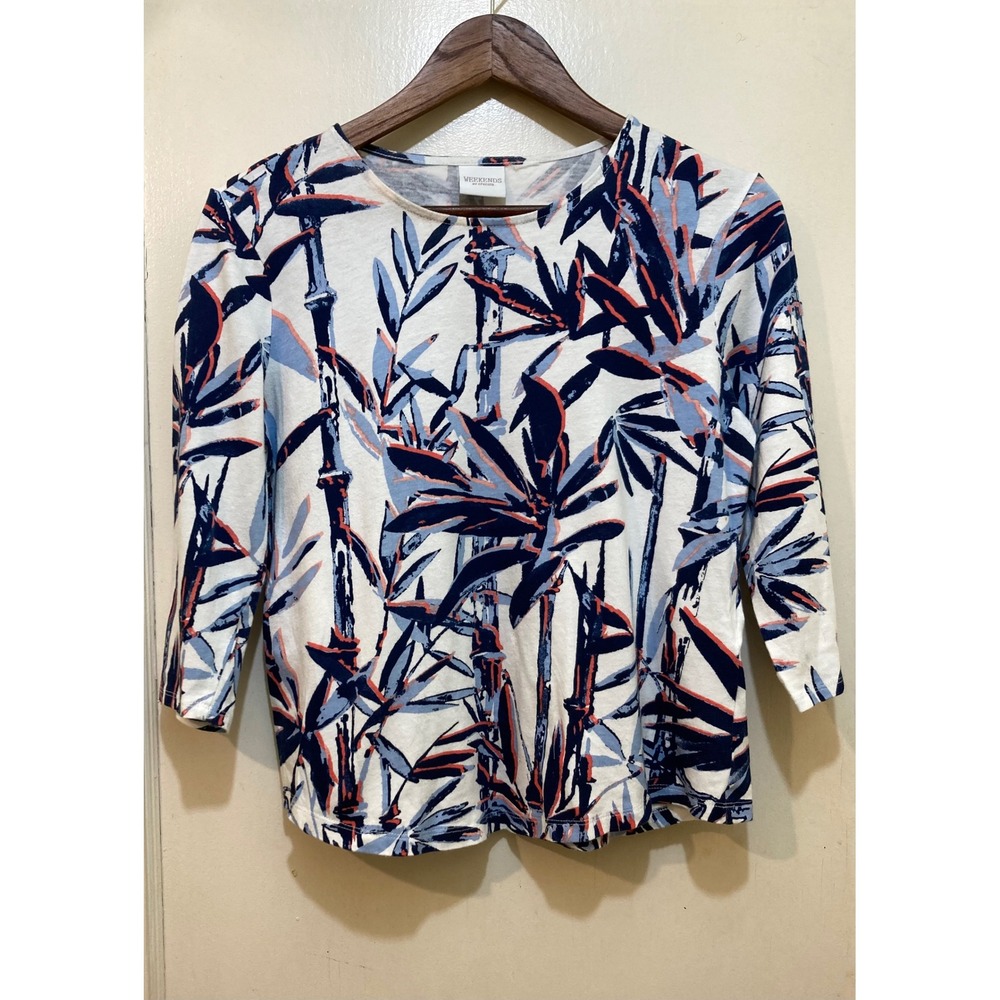 Weekends by Chico's Top Womens M Bamboo Print 3/4 Sleeve Tropical Coastal Resort